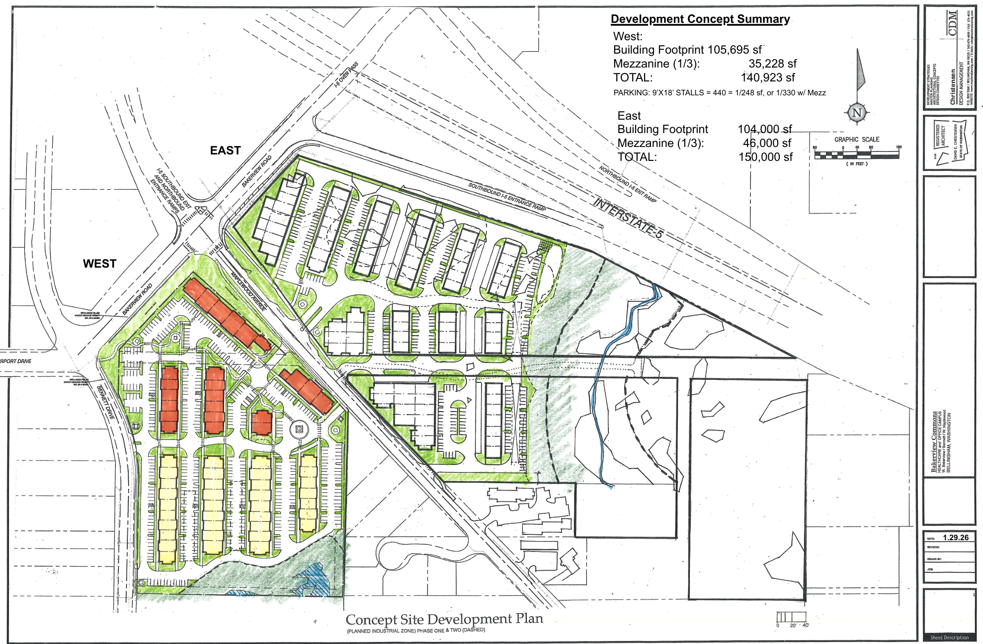 Bakerview Commons — Concept Site Development Plan showing East and West parcels with motorcourt layout